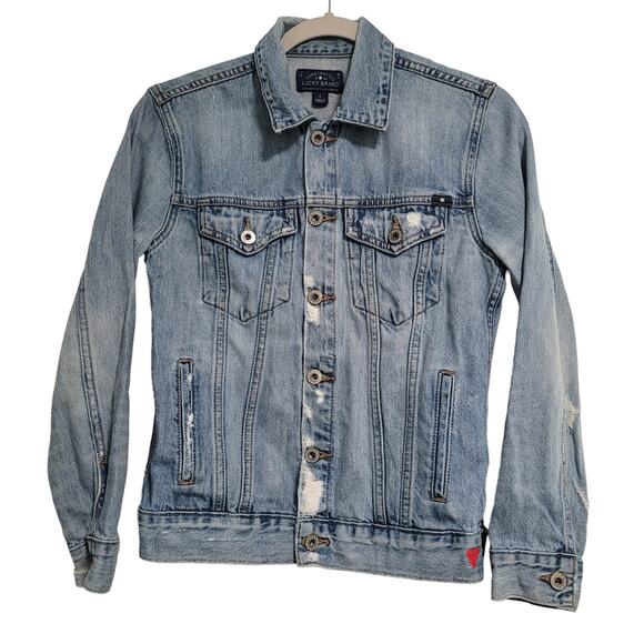 Lucky Brand Jackets & Blazers - Lucky Brand The Tomboy Trucker Distressed Blue Jean Jacket Pockets Size Small